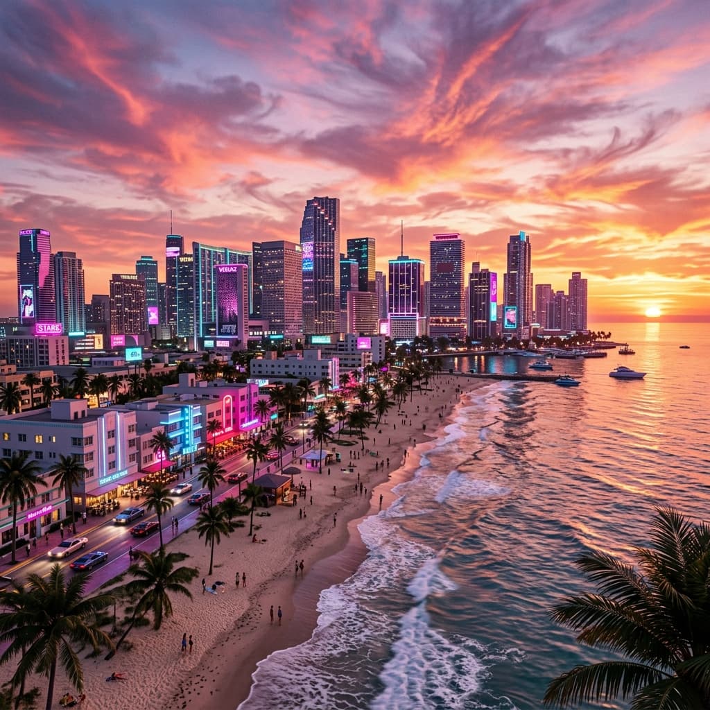 GTA 6 Vice City skyline at sunset — neon-lit skyscrapers, palm trees, and ocean beach in the fictional state of Leonida